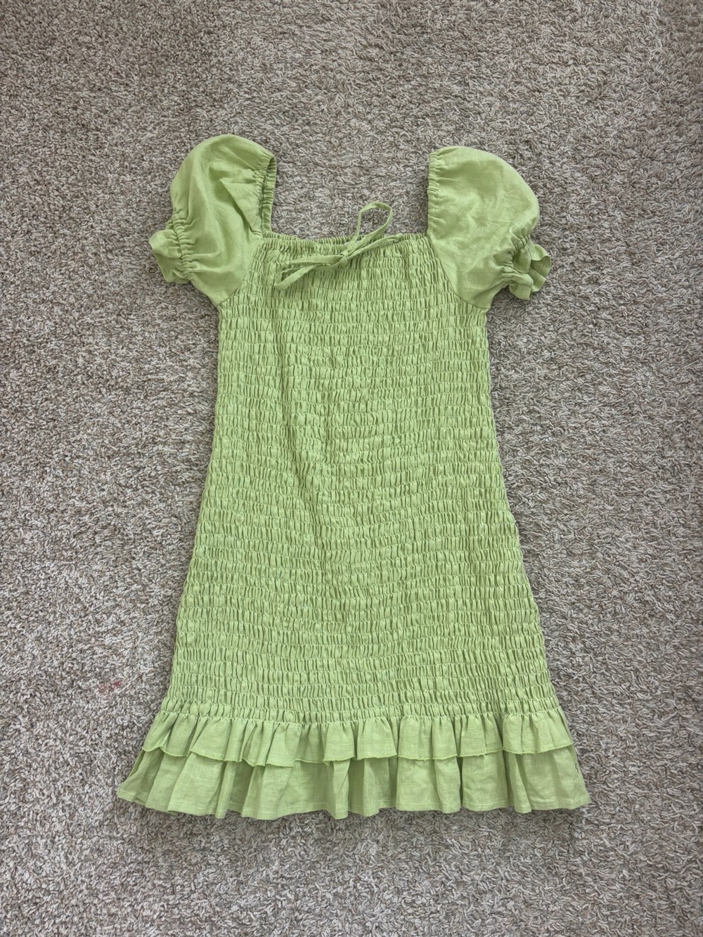 Faithfull the Brand Green Smocked Puff Sleeve Dress